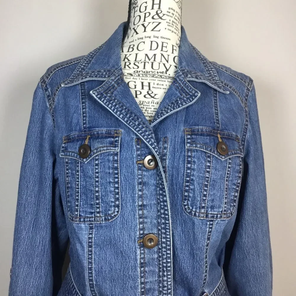 Medium blue denim jacket with belt at the waist western hippie boho size M - Picture 3 of 8